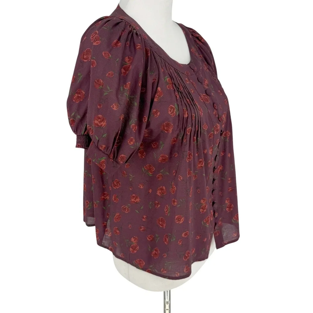 Reformation Calia Burgundy Rose Floral Top Size Small Pintuck Puff Sleeve Button